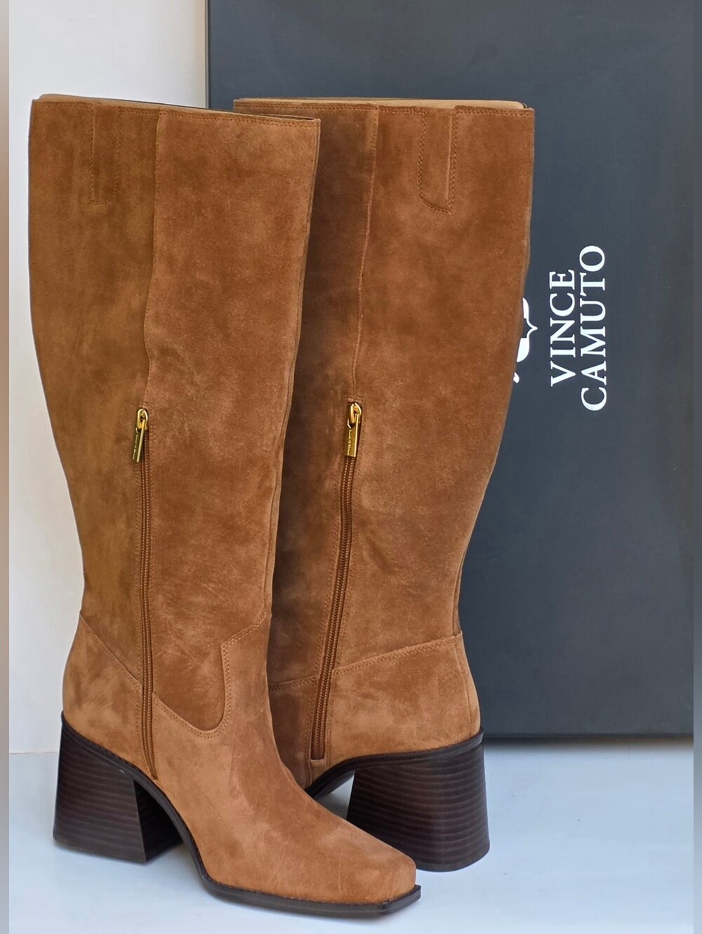Vince Camuto Sangeti Suede Knee High Boots 9W Extra Wide Calf Burnt Sugar NEW